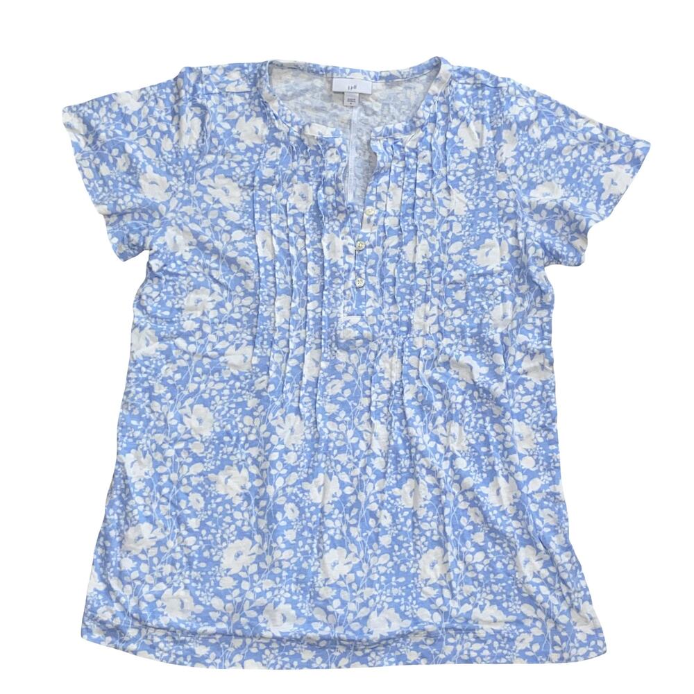 J. Jill Light Blue and White Floral Pintuck Short-Sleeve Blouse